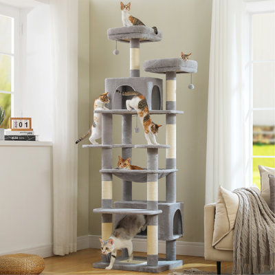 Arbre à chat robuste pour grands chats, tour pour chat de 81 pouces de hauteur avec 2 perchoirs, 2 condos et hamac spacieux, très grand condo très grand avec 7 poteaux à griffer pour chats adultes de 20 lb et plus, gris
