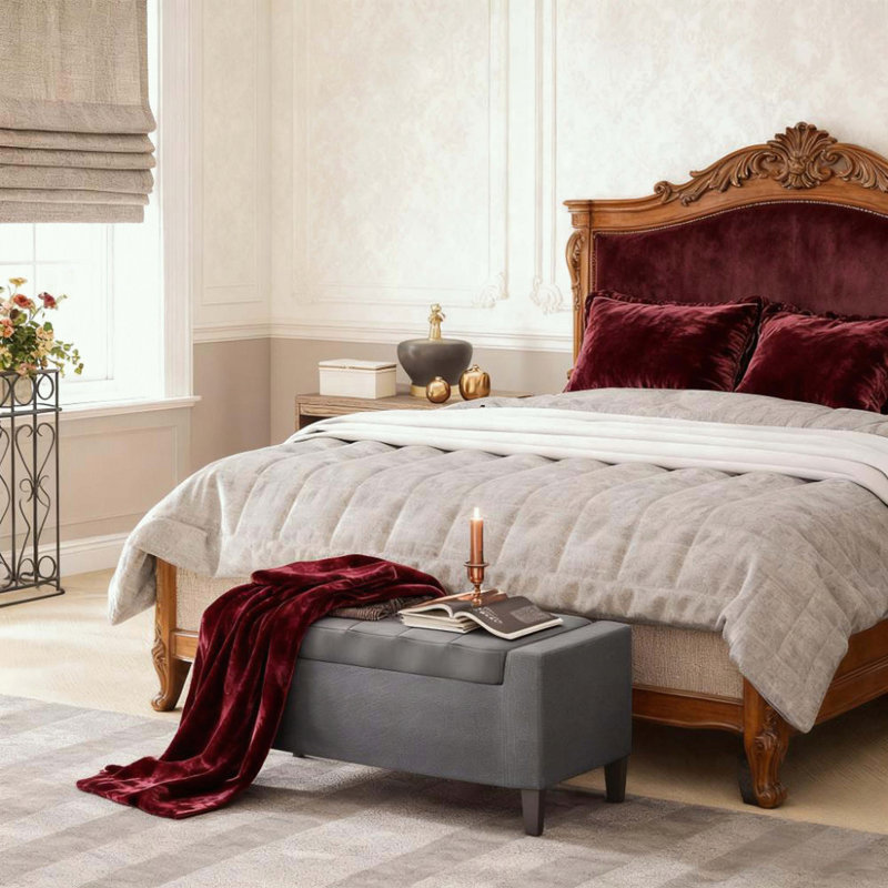 Banc de rangement avec repose-pieds avec plateau relevable et pieds en bois d'hévéa, Gris