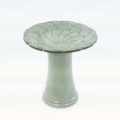 Handmade Glazed Ceramic Bird Bath with Swirling Scroll Embossed Tray and Pedestal Base, Sage Green Gradient Glaze for Outdoor Use