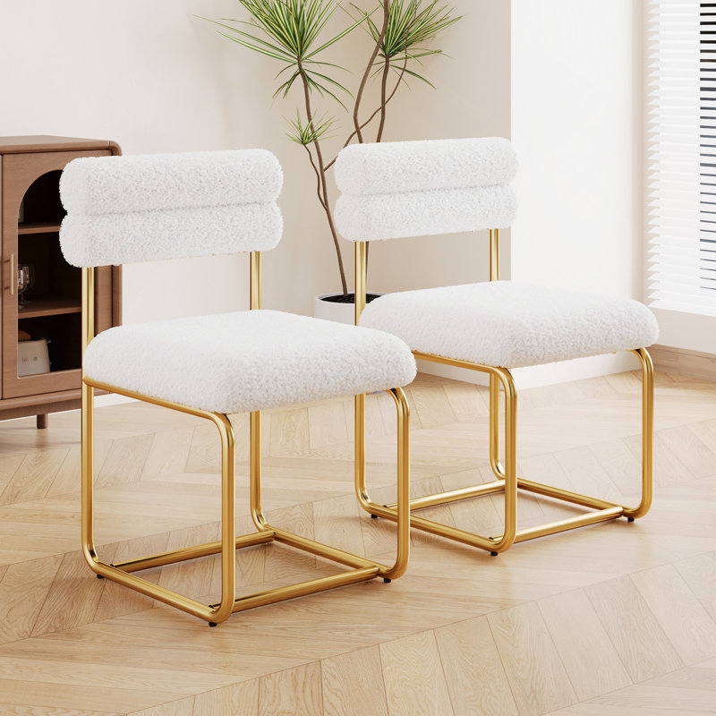Ensemble de deux chaises de salle à manger blanches en tissu Teddy, chaises de salle à manger rembourrées et épaisses circulaires pour la cuisine et la maison