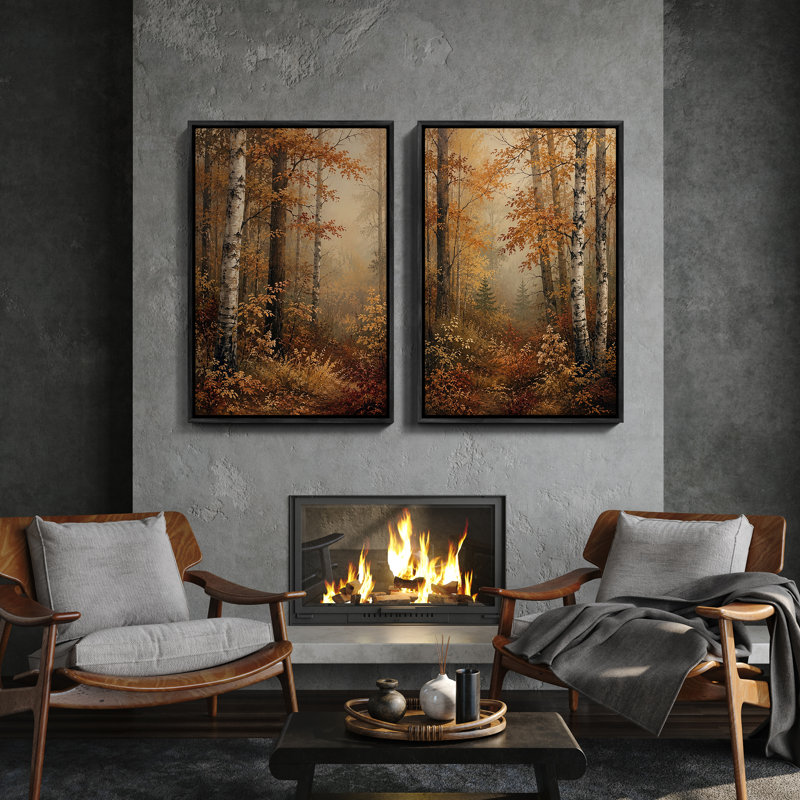 Autumn Birch Forest Path Warm Woodland Living Room Decor, 2 pièces, impression encadrée, H 24 po x l 16 po, Noir