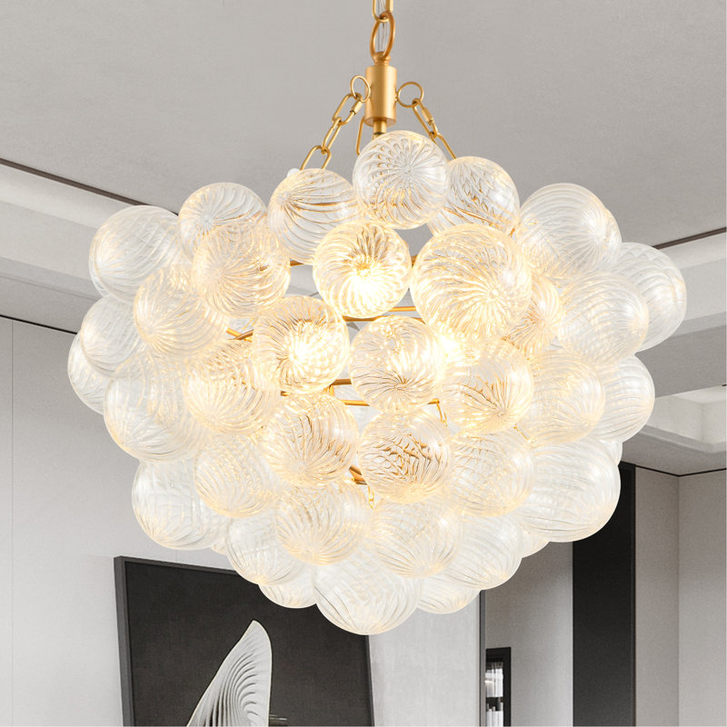 Lustre suspendu en or 23,6 pouces avec abat-jour sphérique en verre transparent fileté - Hauteur réglable, idéal pour le salon, la salle à manger et la cuisine