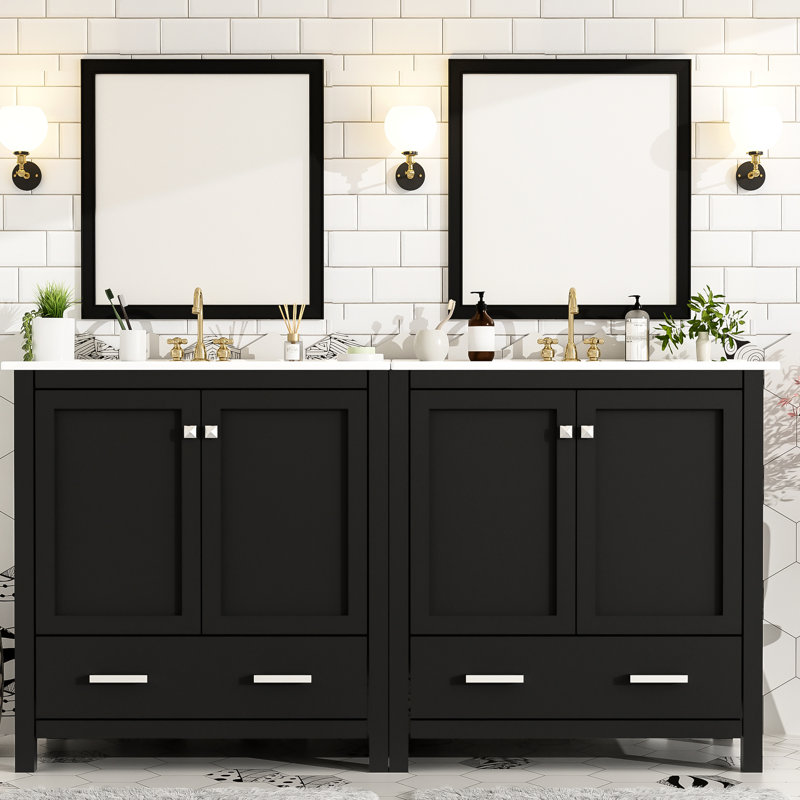 Élégante armoire de salle de bain de 60 po, double meuble-lavabo, lavabo, charnières à fermeture en douceur - meuble-lavabo silencieux et confortable, rangement fonctionnel en céramique pour rehausser votre décor