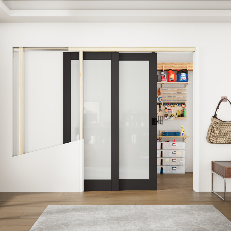Porte de poche intérieure coulissante double en verre givré noir 1-Lite, 48 po x 80 po