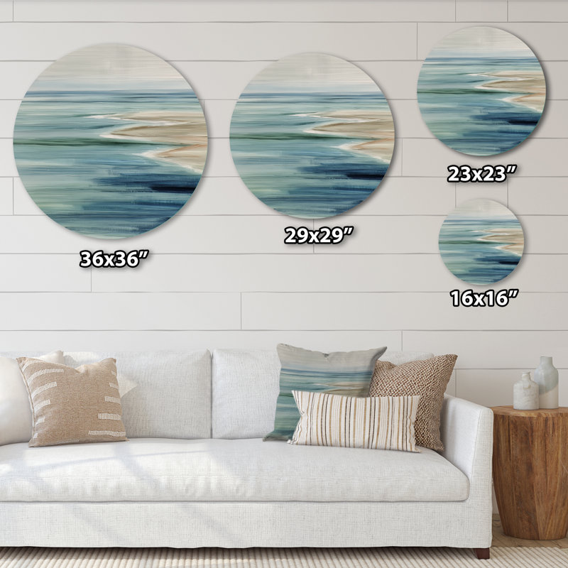 Plage parallèle de paysage côtier abstrait - art mural rond traditionnel en métal, L 23 po x H 23 po
