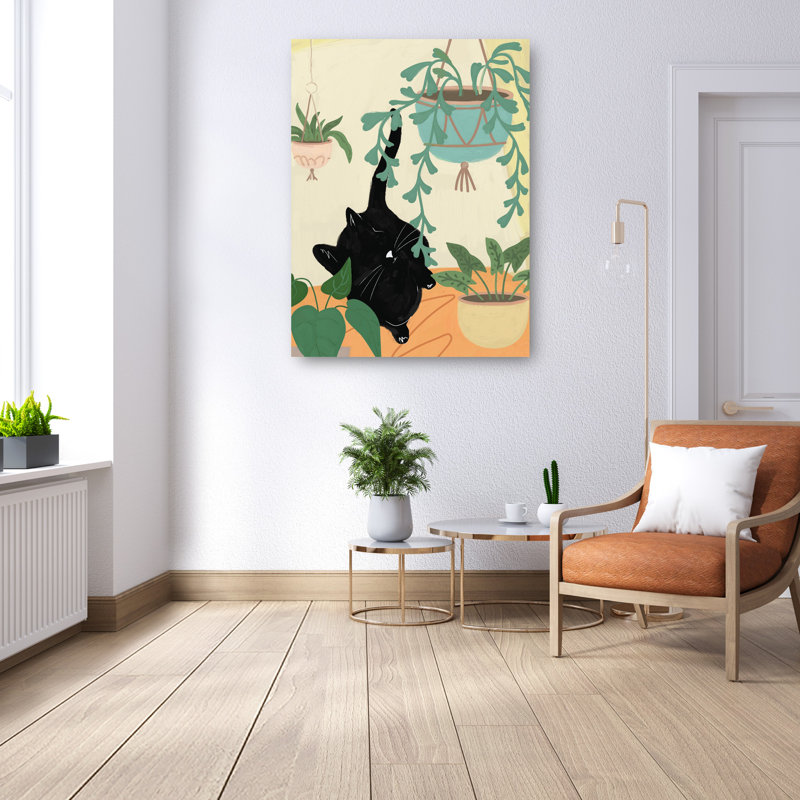 Black Cat in Greenery Canvas Art Print, 14" x 11"
