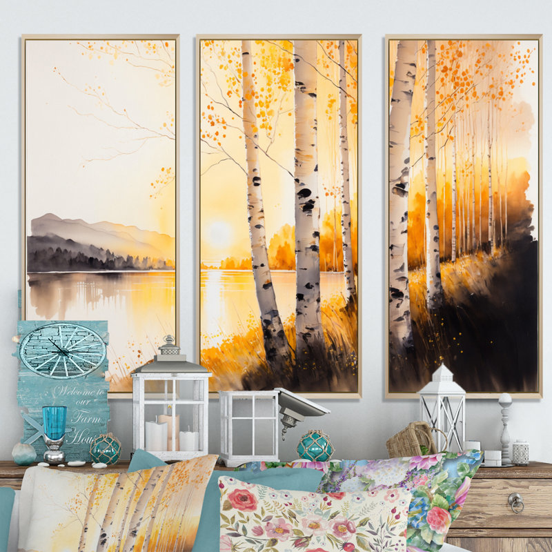 «Golden Hour Birch Trees II», reproduction de 3 pièces sur toile, H 32 po x l 48 po x P 1 po, Toile avec cadre naturel
