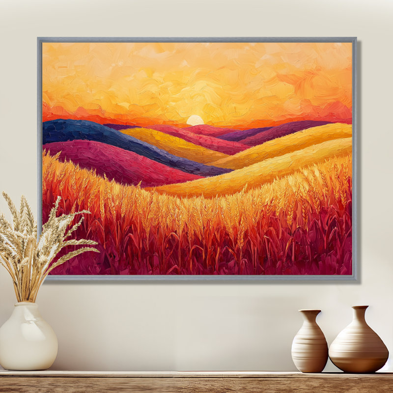 Coucher de soleil sur le champ de blé I - campagne, art mural, H 12 po x l 20 po, Cadre flottant, Argent argent