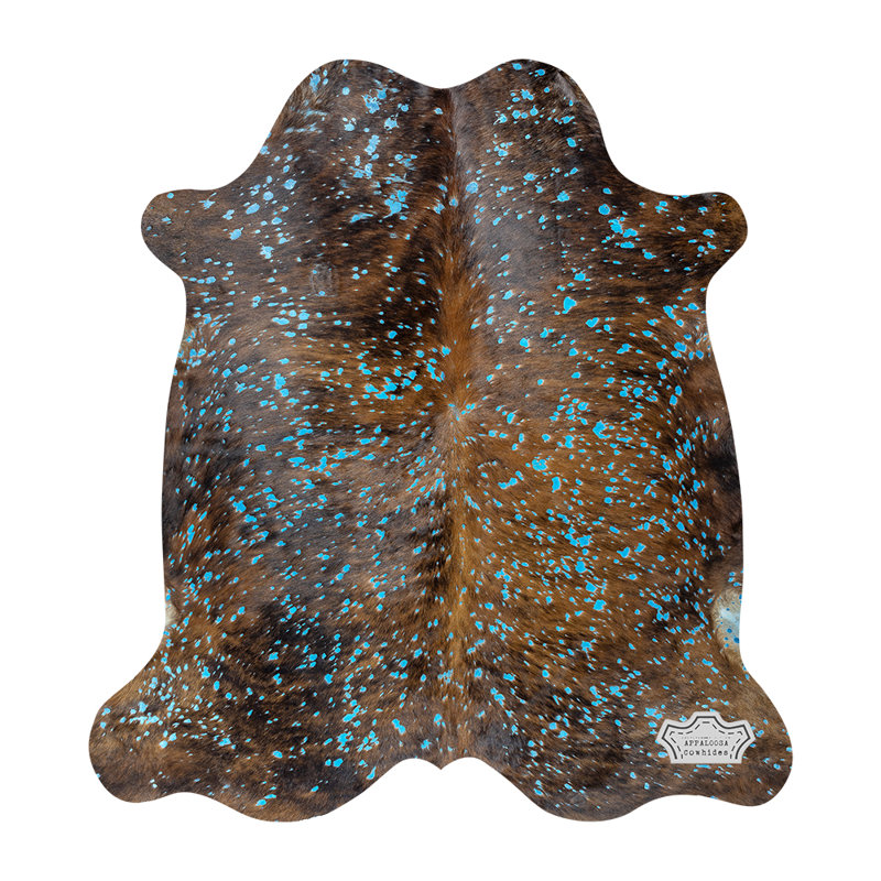 Large 6 × 7 ft Turquoise Devore On Brindle Cowhide Rug - 100% Genuine Leather - Natural Luxury Boho-Chic Accent
