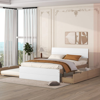 Lit double moderne avec lit gigogne simple et 2 tiroirs de rangement pratiques en chêne blanc brillant
