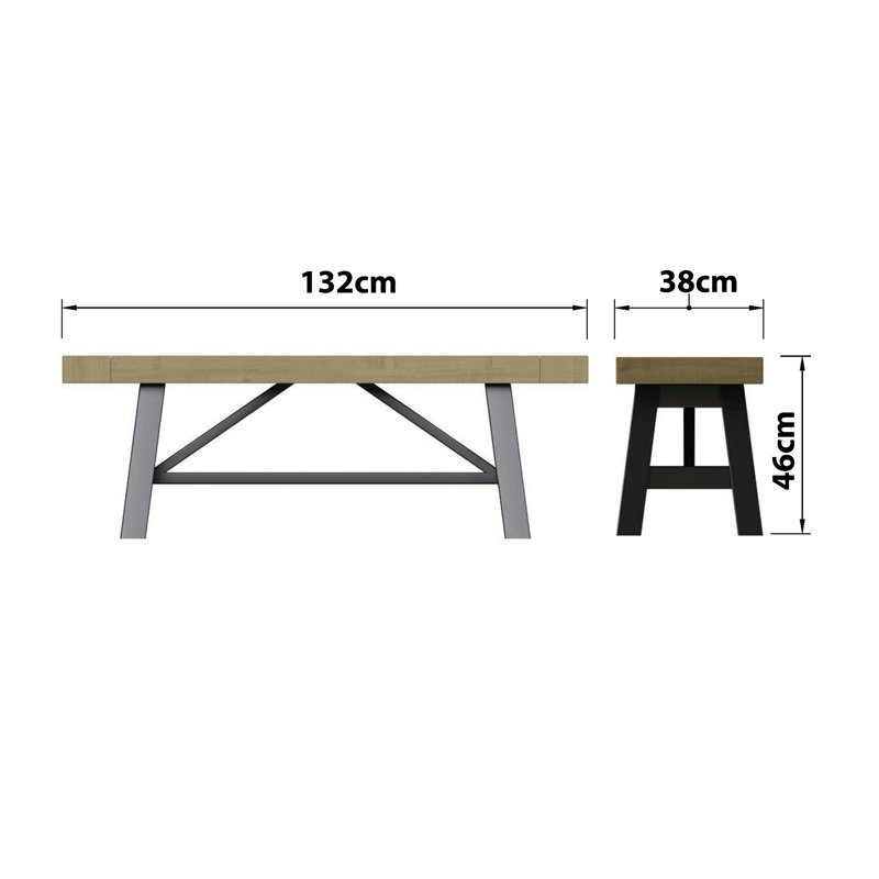 San Diego Dining Bench. Steel Trestle Frame. Solid Wood Seat. For 2 To 3 People, 46cm H x 132cm W x 35cm D