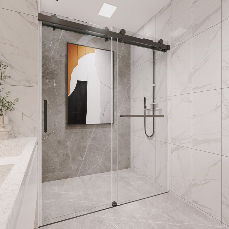 Porte de douche coulissante double sans cadre avec verre facile à nettoyer de 55 à 59 po x H 76 po Oceanus, Noir mat