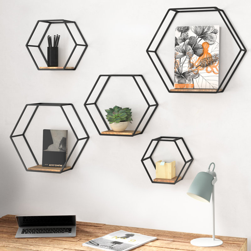 Gardner 5 Piece Hexagon Floating Shelf, Black