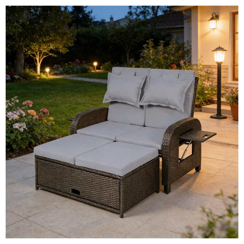 Lit de jour d'extérieur en osier gris avec repose-pieds, canapé inclinable en rotin convertible 3-en-1 et chaise longue