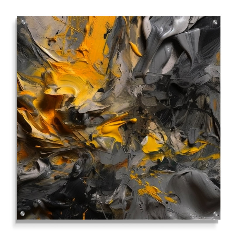 Moutarde jaune et gris vif - art mural abstrait en acrylique, H 16 po x l 16 po