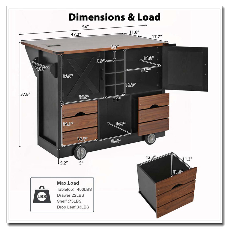 Îlot de cuisine de 54 po avec abattant, prise de courant, chariot de rangement de cuisine avec 2 portes, 2 tiroirs, îlot de cuisine sur 4 grandes roulettes avec support à épices pour la cuisine, la salle à manger