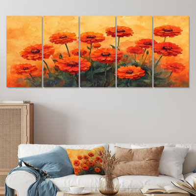 Zinnias Sunrise Orange Hues I - art mural Zinnias - ensemble d'art mural traditionnel 5 pièces