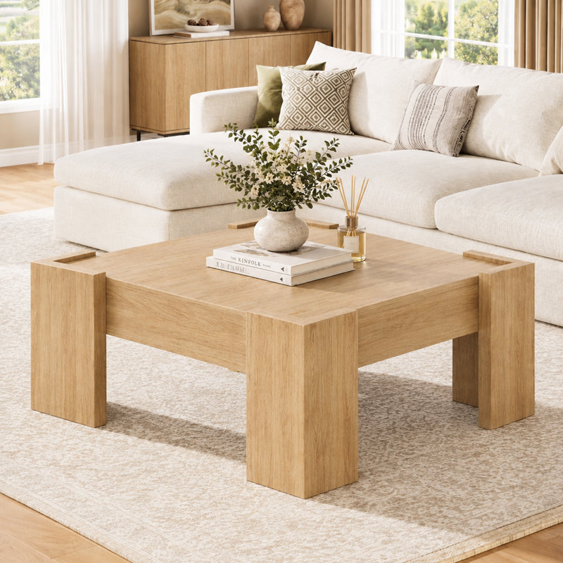 Table basse carrée de 31,5 pouces, Bois naturel / beige
