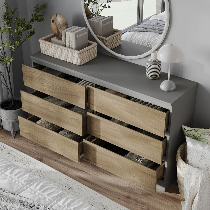Sreyan Solid Wood 6 - Drawer Rectangle Accent Chest, Grey/Oak