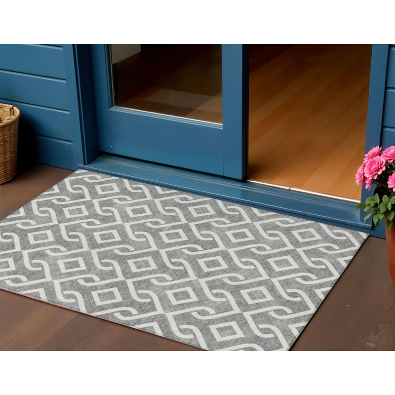 3' X 5' Gray And Ivory Geometric Washable Indoor Outdoor Area Rug