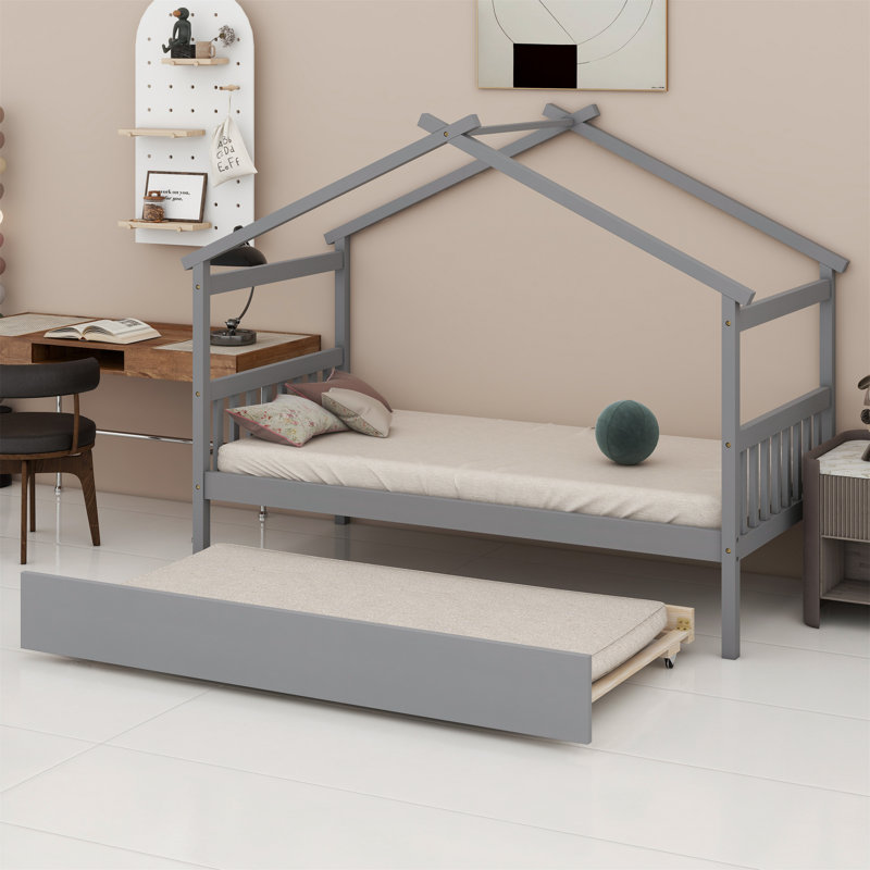 Wooden House Bed With Trundle, Gray, Full