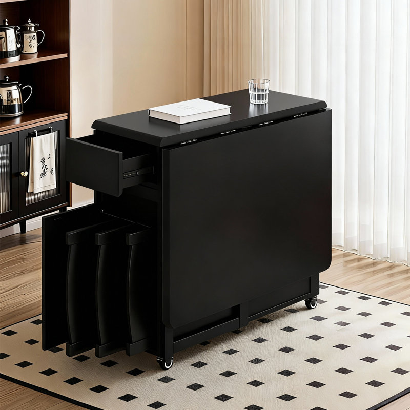 Folding Dining Table in Black Solid Wood, Mobile Table with Casters and 2 Storage Drawers, Compact Foldaway Design（Without Chairs） Fast Dispatch From UK Warehouse – Dispatched Within 2 Days