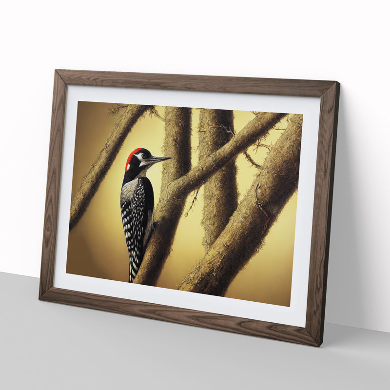 Handsome Woodpecker Bird - Single Picture Frame Painting, Walnut, 25cm H x 34cm W x 2cm D