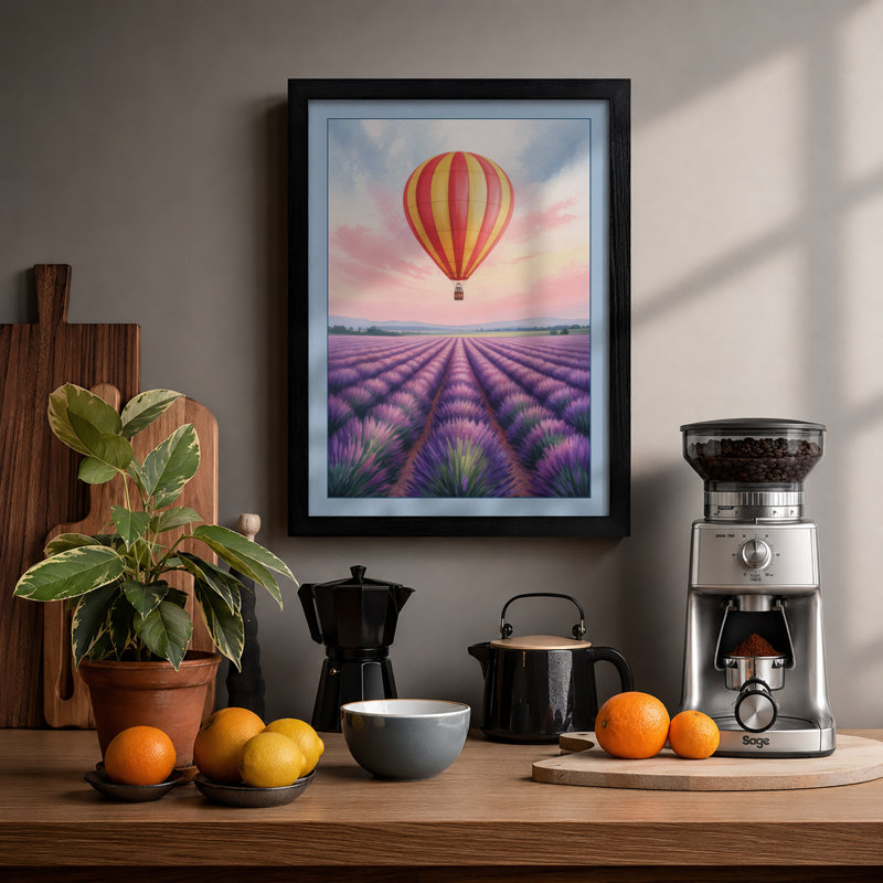Balloon Over Lavender Boho - Framed Print, A2 - 59.4 x 42.0 cm, Black
