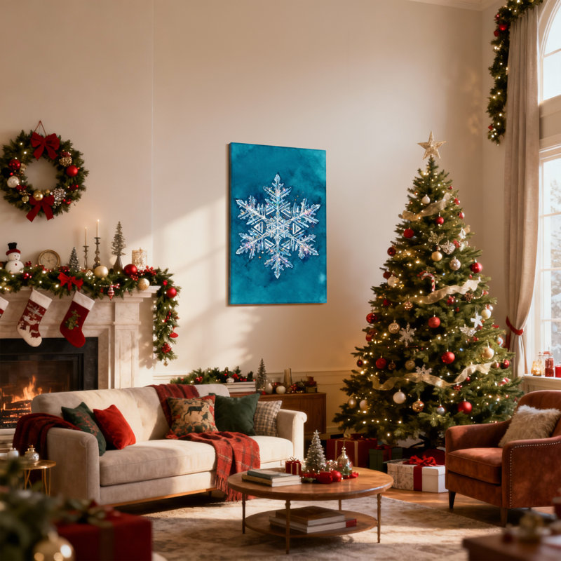 Ensemble de 3 impressions sur toile de Noël flocon de neige sur fond bleu cristal, H 18 po x l 12 po