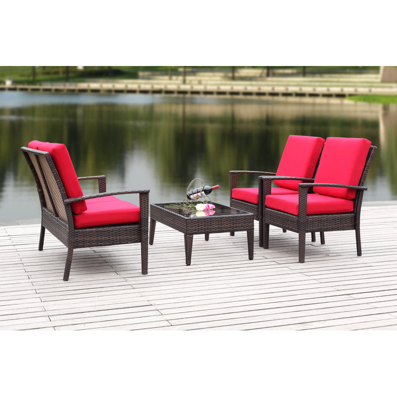 Ensemble de conversation avec canapé et coussins en rotin 4 pièces, Brun, Rouge