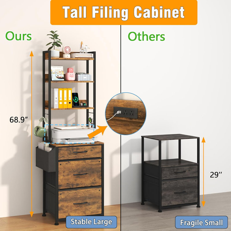 Rustic Brown 69''H Tall 3-Drawer File Cabinet - Charging Station, 4-Tier With Adjustable Shelf (Fabric Drawers, Printer Stand, Fits A4/Letter/Legal For Home Office)