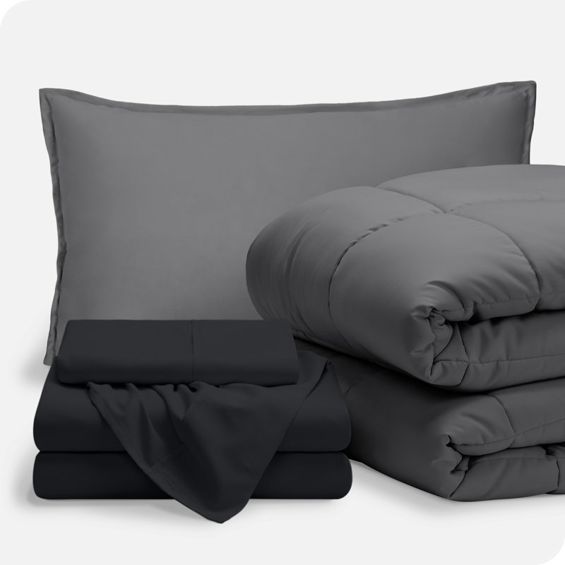 Lit dans un sac en microfibre 1800 de qualité supérieure 1800, Gris/noir, Édredon simple + 4 pièces supplémentaires