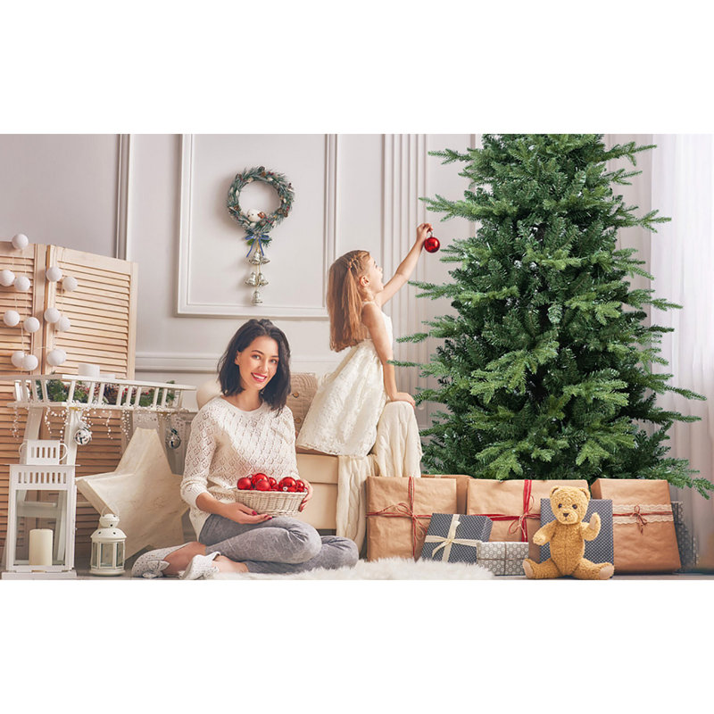 Arbre de Noël 6,5 pi en PVC + PE avec 2142 pointes - Arbre à charnières plein et luxuriant avec support en métal, assemblage facile, conception d'aiguille mixte réaliste