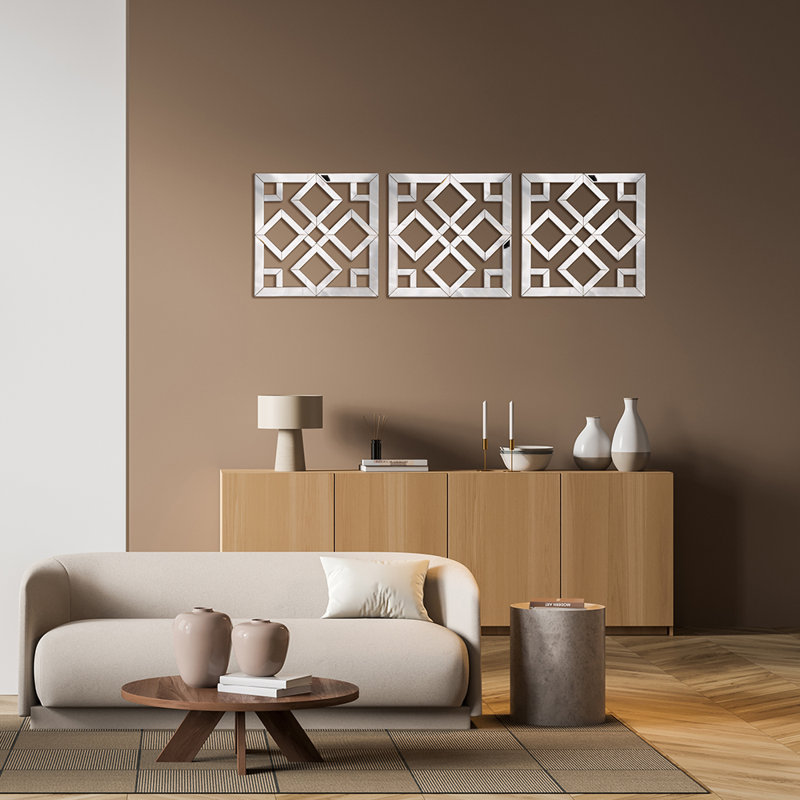Geometric Mirrored Wall Art for Living Room, 40x40cm Modern Home Decor Wall Mounted Clear Mirror Glass Wall Art for Hallway & Bedroom