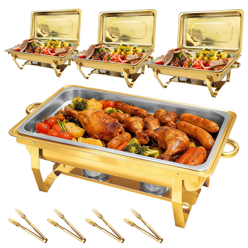 Ensemble de 4 pièces en acier inoxydable plaqué or pour buffet, comprenant un chauffe-plats et un chafing dish de 9 pintes avec 4 pinces à aliments, idéal pour les traiteurs, les fêtes et les mariages.
