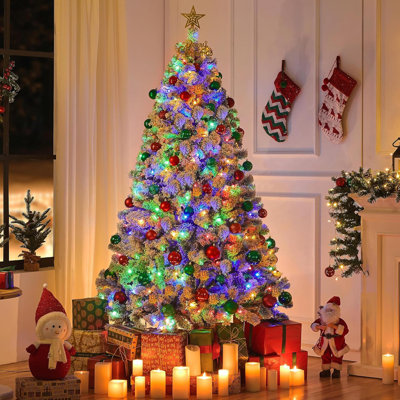 6' Lighted Snow Flocked Holiday Christmas Tree with 640 Branch Tips, 250 Lights for Home, Office, Party Decoration Easy Set Up, Multicolored