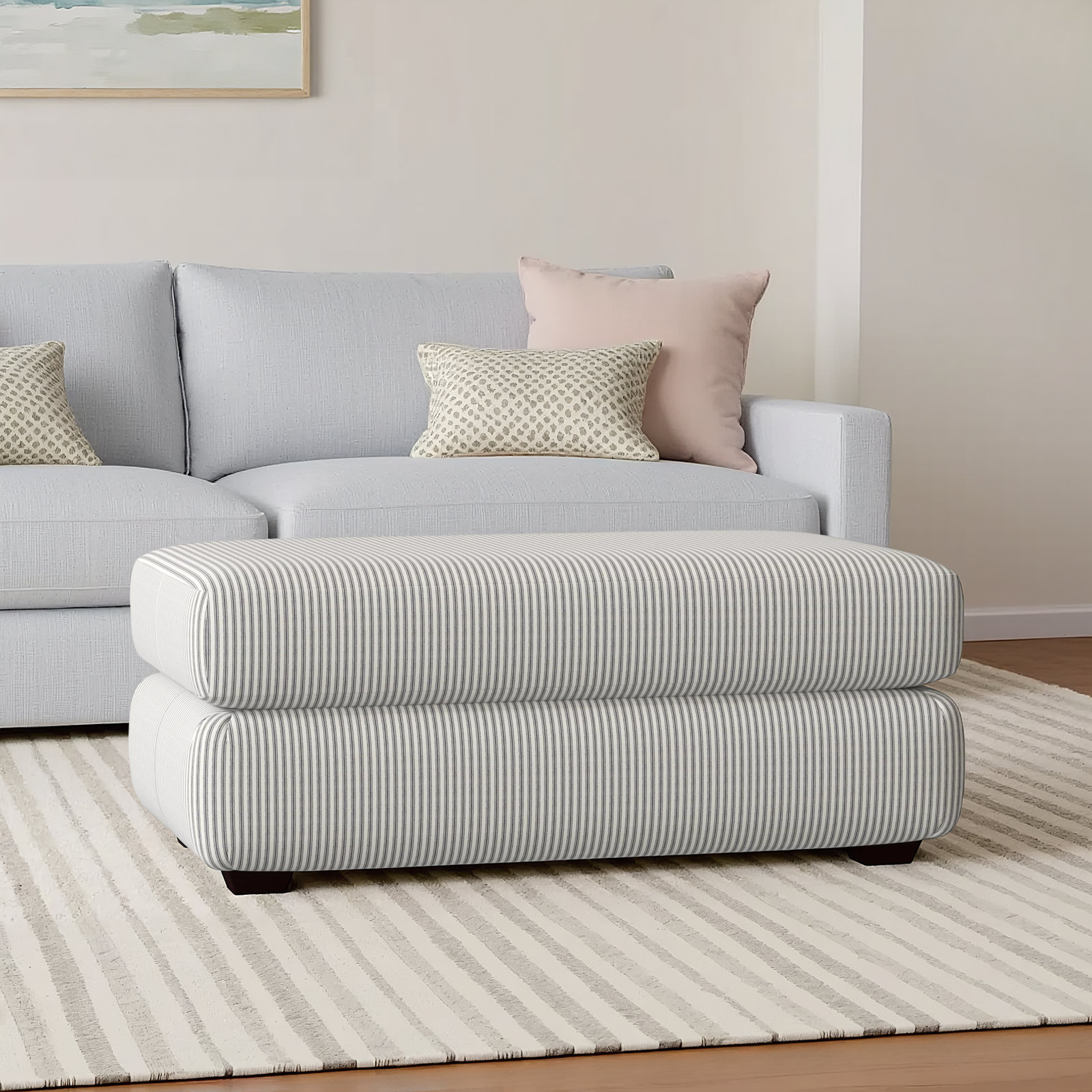 Emilio Upholstered Ottoman, Cruise Adrift Woven Stripe