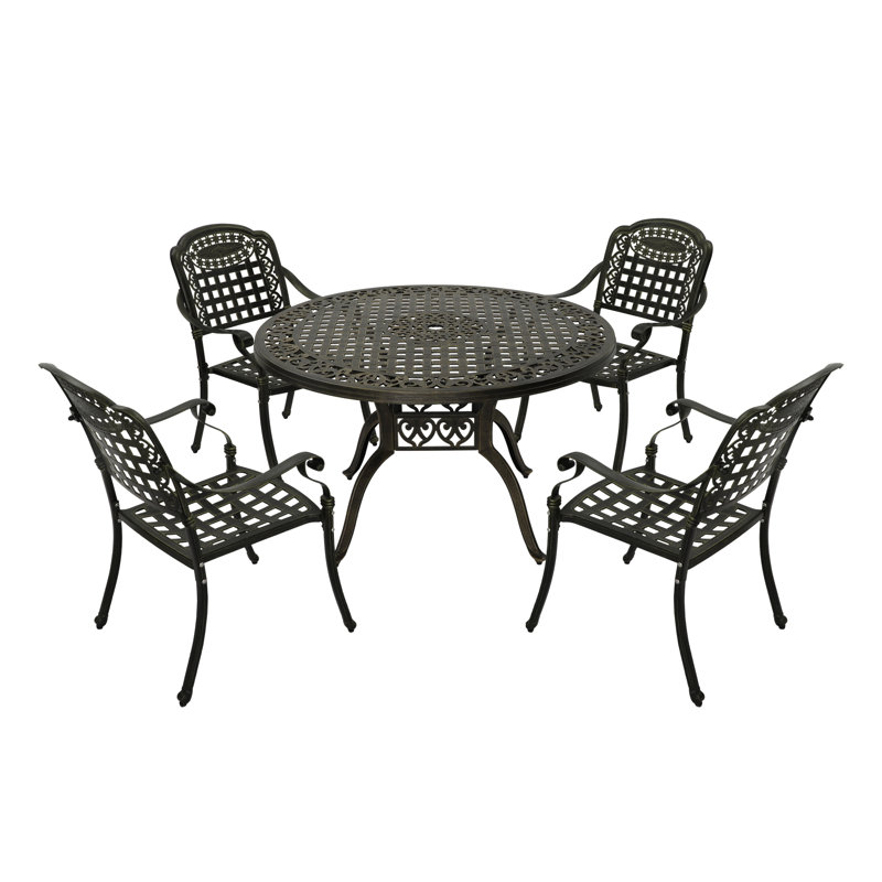 Rhedyn 4 - Person Round Outdoor Cast Aluminum Dining Set with Umbrella Hole, Brown