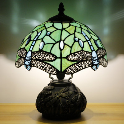 Small Tiffany Table Lamp Light Green Dragonfly Style Stained Glass Desk Lamp 10X11.5 Inch Mushroom Table Light for Office Home Living Room Bedroom