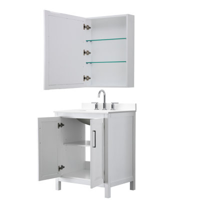 Meuble-lavabo simple 30 po Daria gris foncé, comptoir en marbre de culture blanc, lavabo carré encastré (3 trous), garniture noir mat, armoire à pharmacie