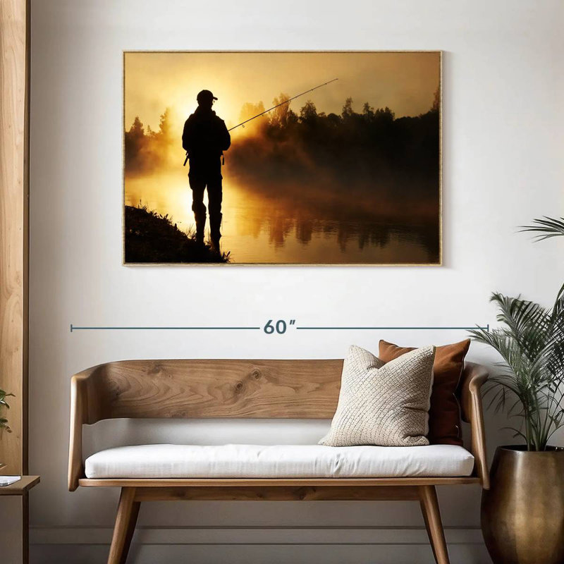 Pêche sur une berge brumeuse, Cadre flottant en bois naturel, 46 po x 31 po