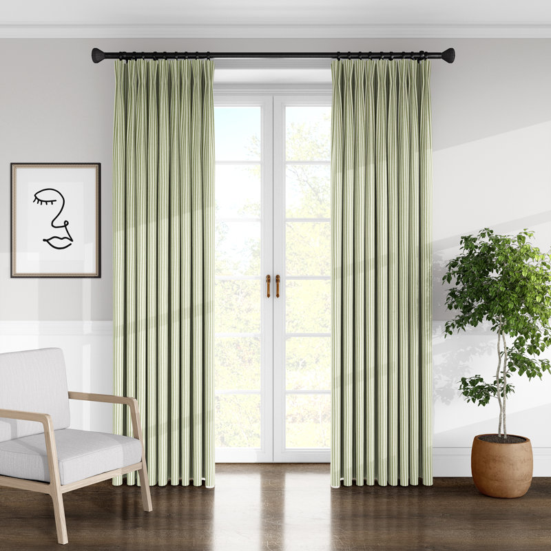 Ticking Stripe 100% Cotton Striped Room Darkening Pinch Pleat Single Curtain Panel, 40" W x 108" L, Avocado
