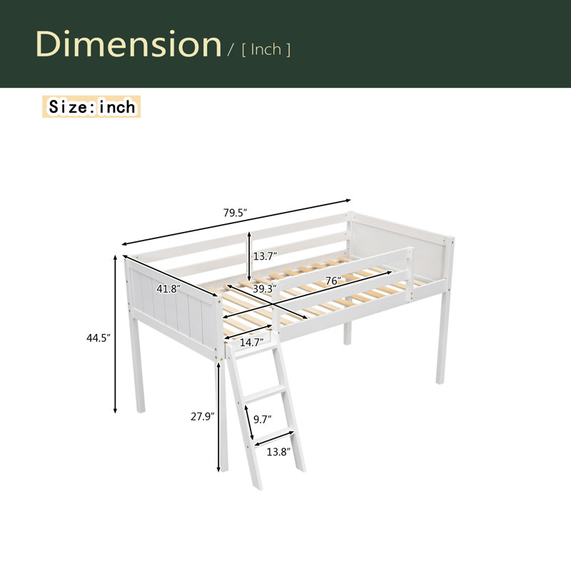 Lit mezzanine bas en bois avec échelle, l'échelle peut être placée à gauche ou à droite, Blanc