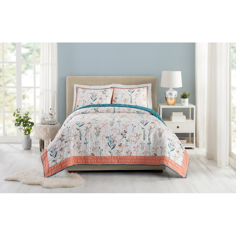 English Garden Pink Floral Reversible Cotton King Quilt Set