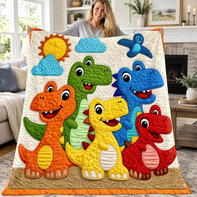1pc Cute Dinosaur Quilt, Cartoon Brontosaurus T-Rex Graphic Flannel Throw, Adorable Dino Pattern Cozy Blanket for Sofa Bed Couch Living Room Kids Room, Home Decor All‑Season Blanket, Easy Care Gift