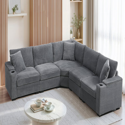 104" Convertible L-Shaped Sectional Sofa, Corduroy Corner Couch With Armrest Storage, Cup Holders, Usb Charger, Irregular Corner, Oversized Comfy Modular Sofa For Living Room&Apartment