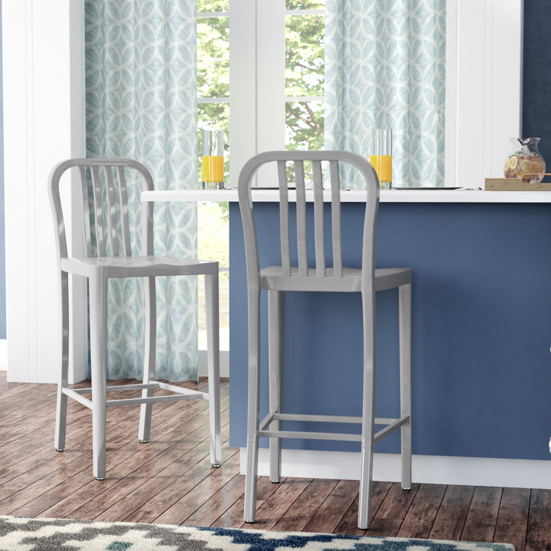 Commercial Grade Metal Indoor-Outdoor Stool with Vertical Slat Back, Silver, Bar Stool (76cm Seat Height)