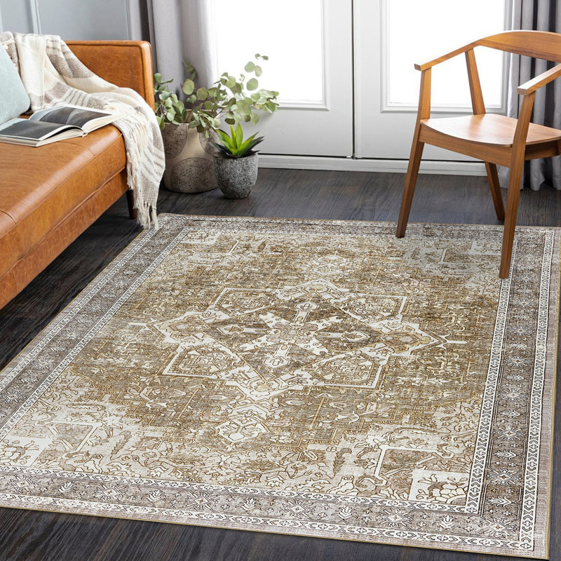 Tapis rétro antidérapant à motif lavable à la machine pour salon, couleur chameau, 9 x 12 pi
