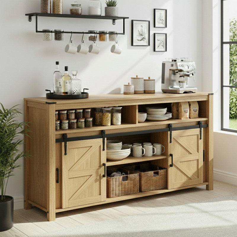Buffet de porte coulissante 59,33 pouces de style rétro avec panneau en filet et rangement ouvert, Naturel