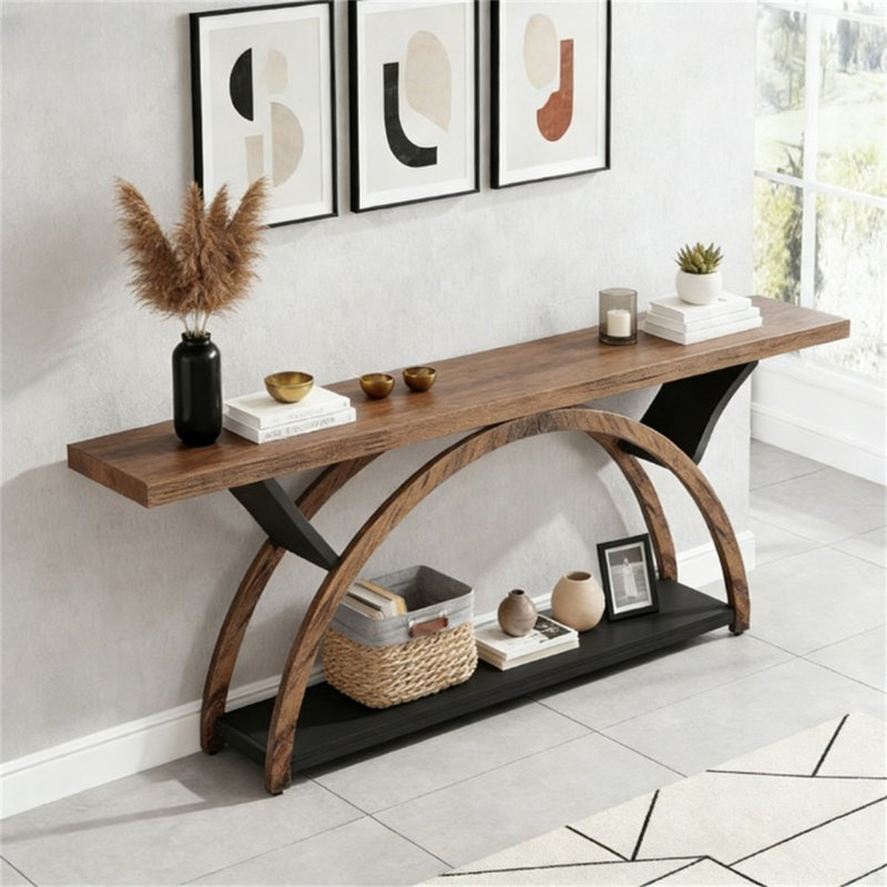 Console à 2 niveaux, table d'entrée 70,9 po avec structure en demi-lune, Brown